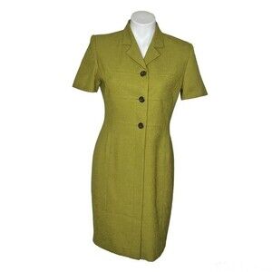 KASPER ASL Chartreuse Green Dress Short Sleeve Button Up Lined Size 6P Vintage